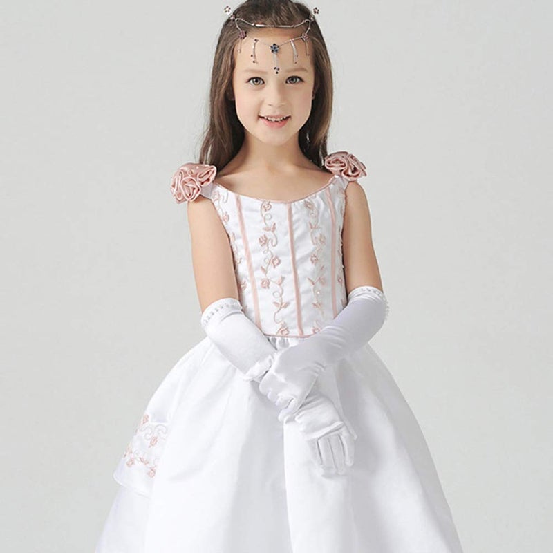 CREATIEE-PRO 2 Pair Little Girls Long Princess Costume Glove, Creatiee White Dress Up Beading Bows Glove for Kids Party, Wedding, Birthday, Holiday, Formal Pageant (White) - Image 5